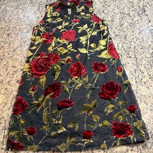 Adiva Black Mini Dress with Red and Green Velvet Floral Design